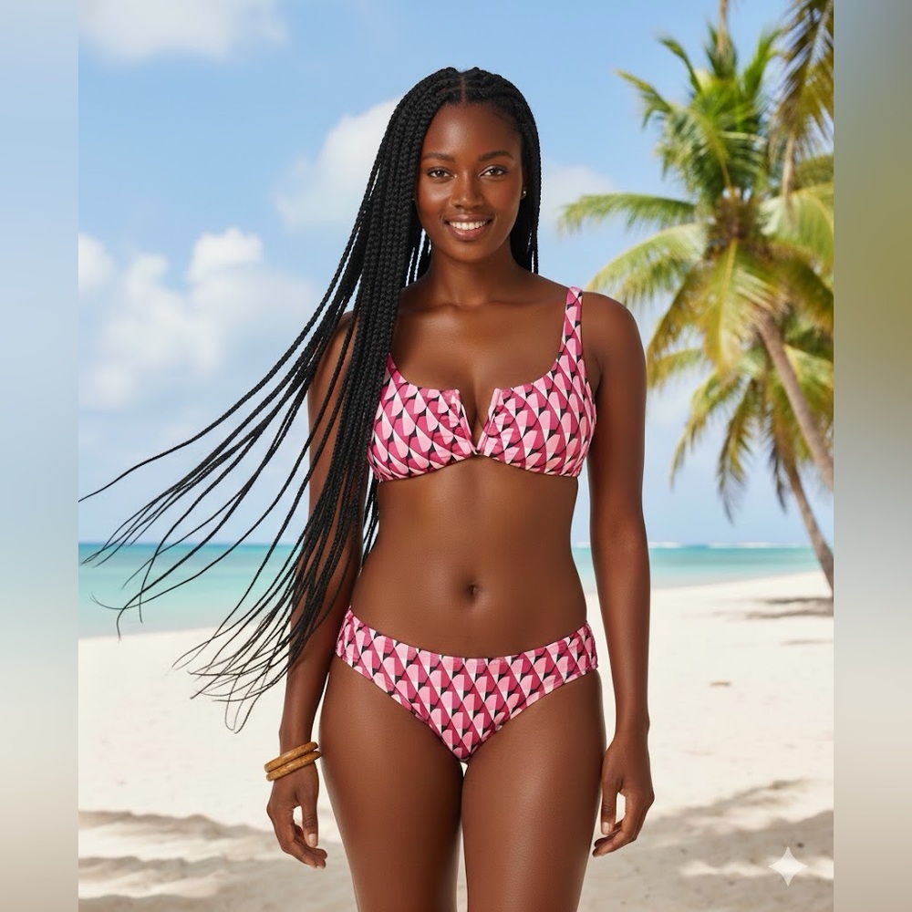 NWT Time and Tru Women's Geo Print V-Wire Bikini set size medium 8-10 pink swim
